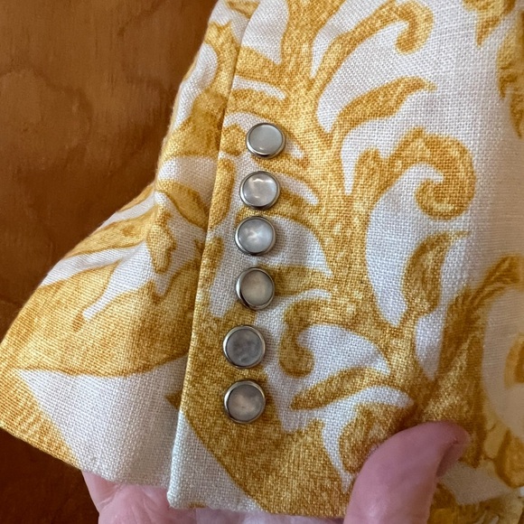 Normandy & Monroe Yellow White Print Linen Blazer Jacket Luxury Gathered Hem 10 - Picture 7 of 12